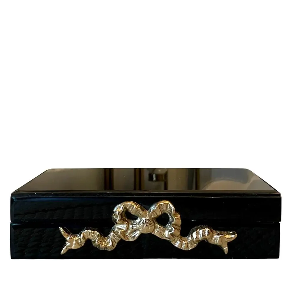 Black Lacquered Box with Gold Bow Motif 8.5 x 4.5 Made in India NEW
